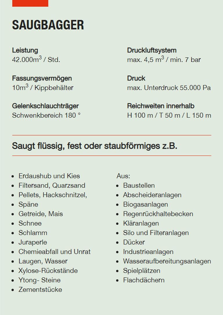 Saugbagger Siegen - Technische Daten Saugbaggger